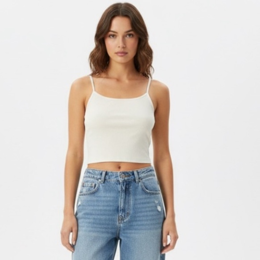 American Eagle Outfitters Cream Fitted Crop Tank Top